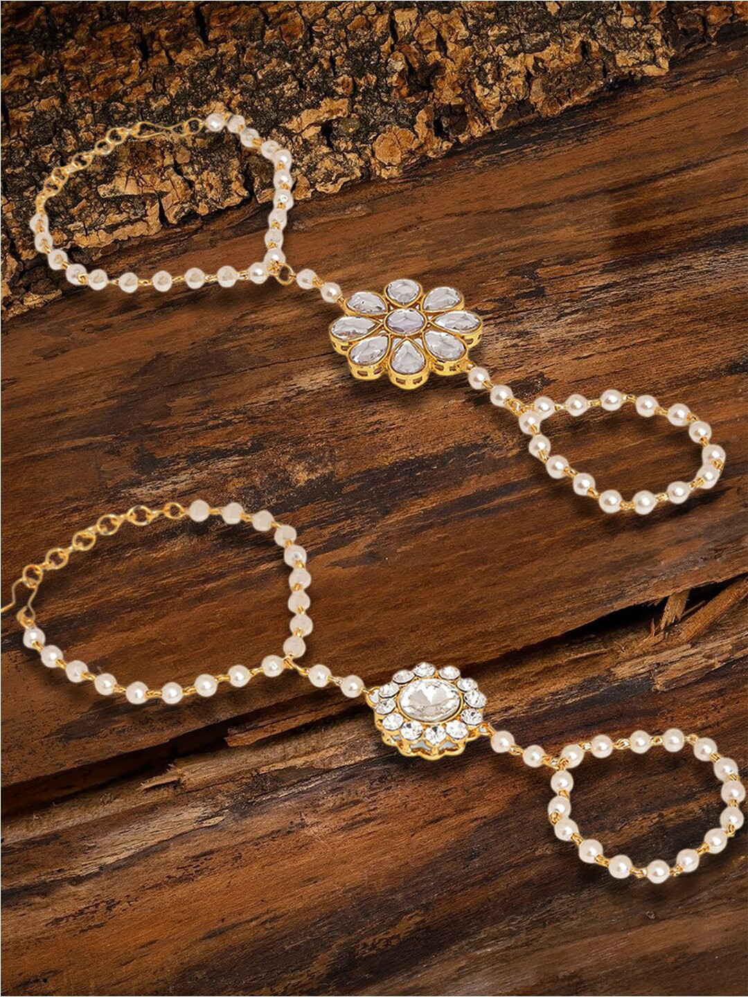 

OOMPH Set Of 2 Kundan Ring Bracelet, Gold