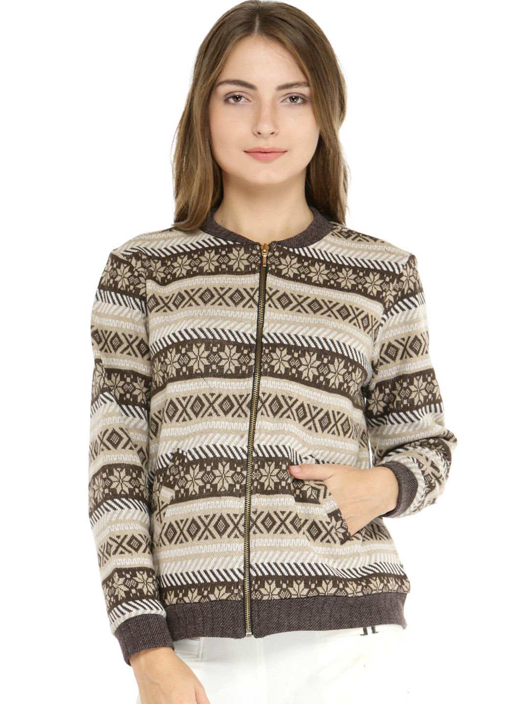 

Zima Leto Women Brown & Beige Printed Sweatshirt