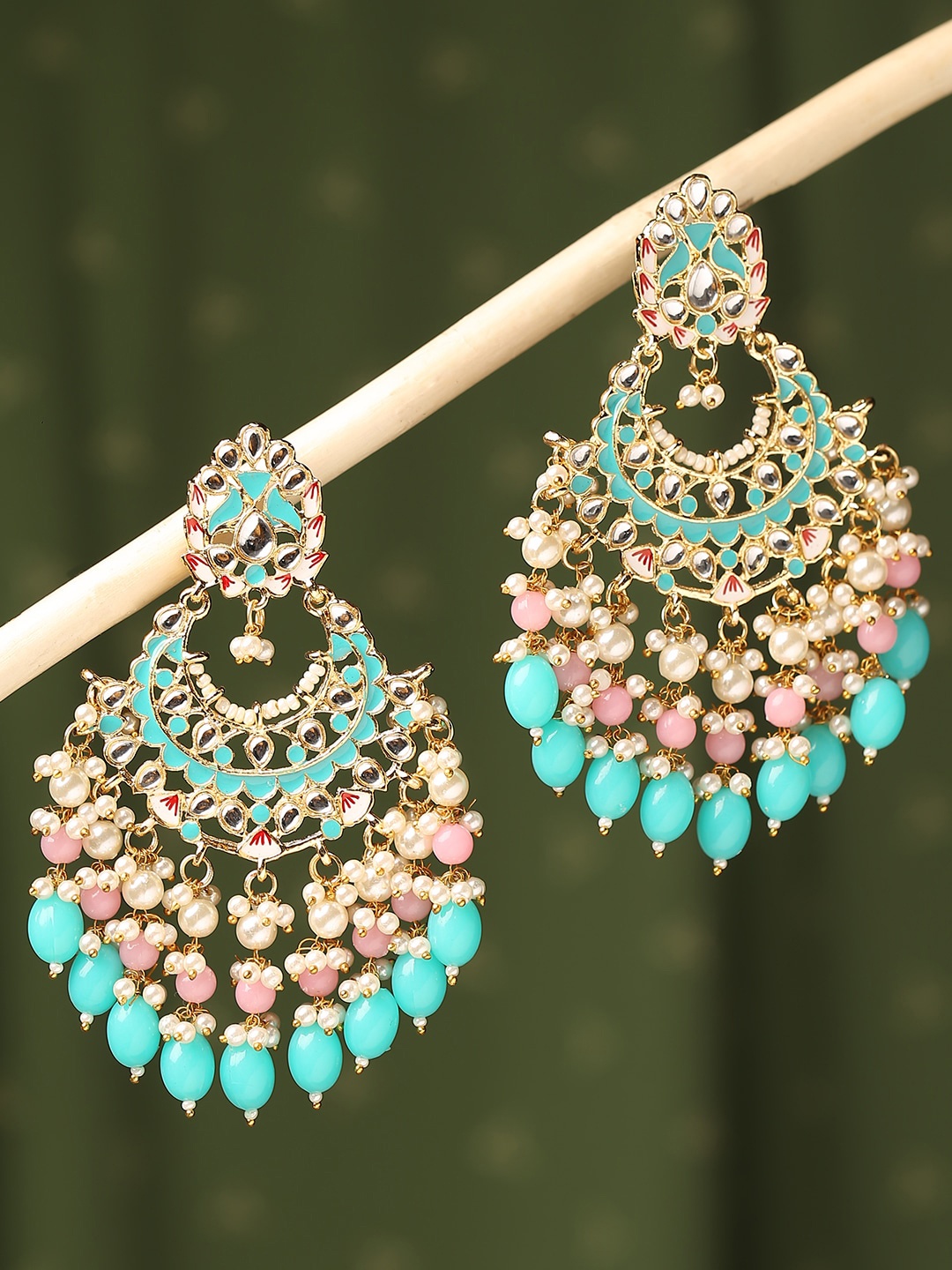 

OOMPH Kundan Studded & Beaded Meenakari Chandbalis, Gold