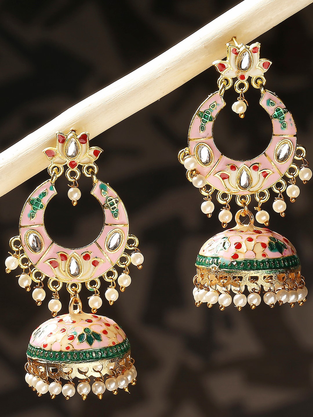 

OOMPH Kundan Studded & Beaded Dome Shaped Jhumkas, Gold