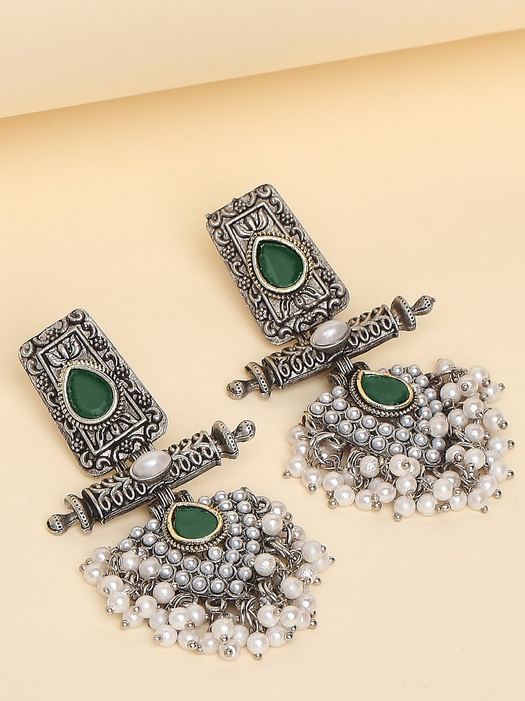 

OOMPH Stone-Studded & Beaded Oxidised Geometric Drop Earrings, Silver