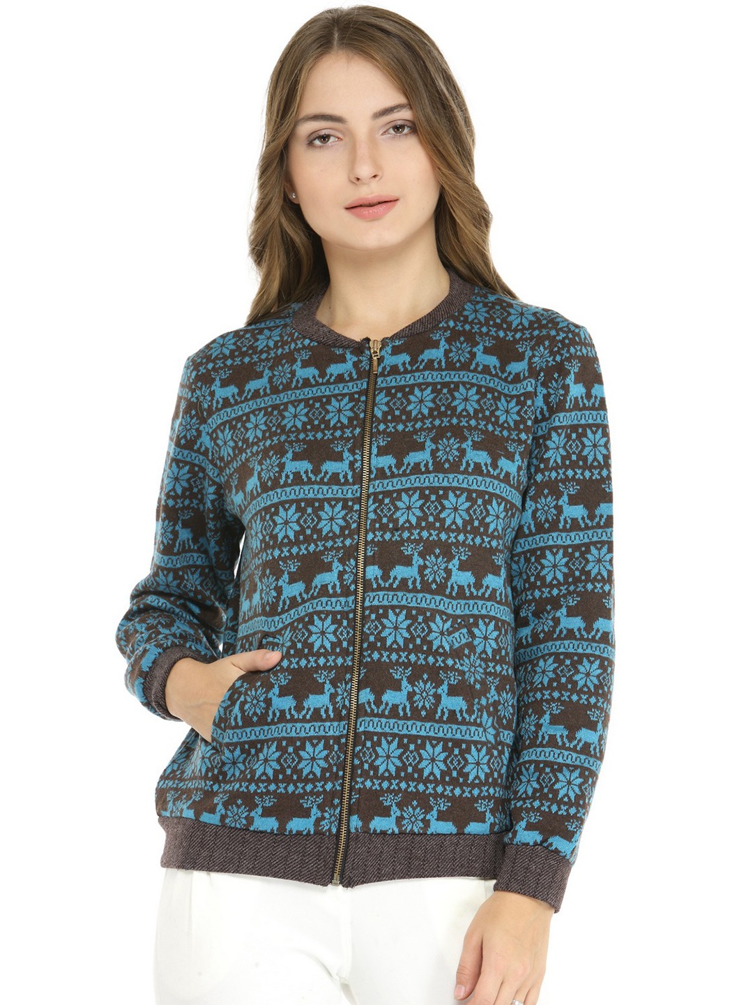 

Zima Leto Women Teal Blue & Black Printed Sweatshirt