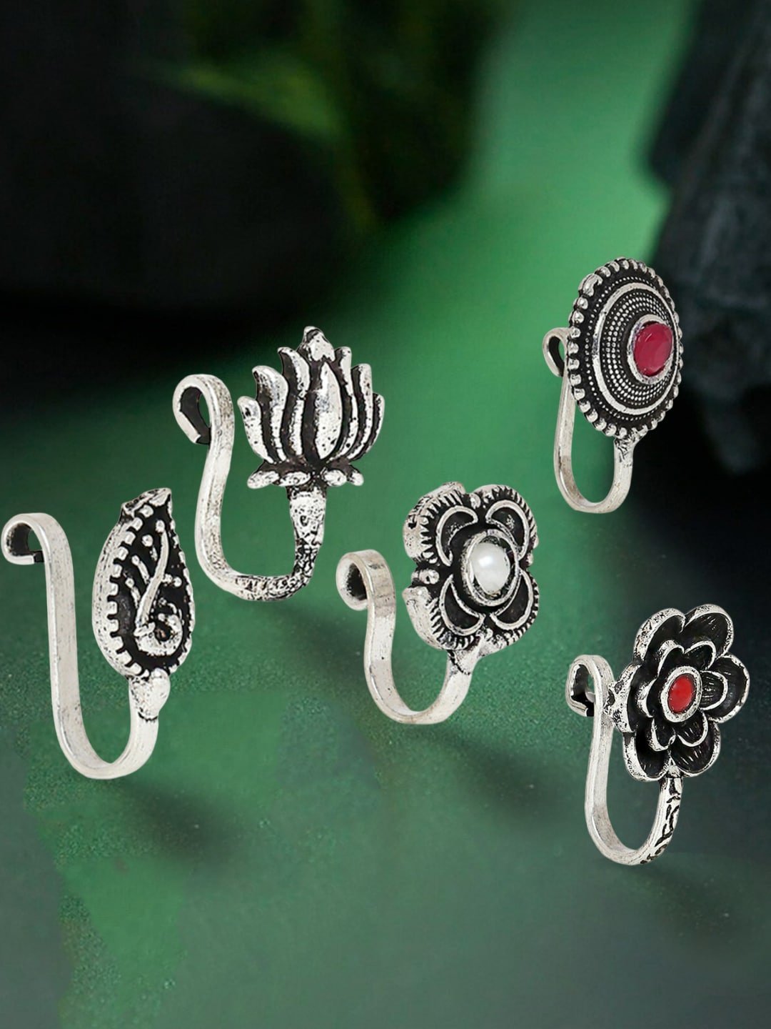 

OOMPH Set Of 5 Oxidised Traditional Stud Nosepin, Silver