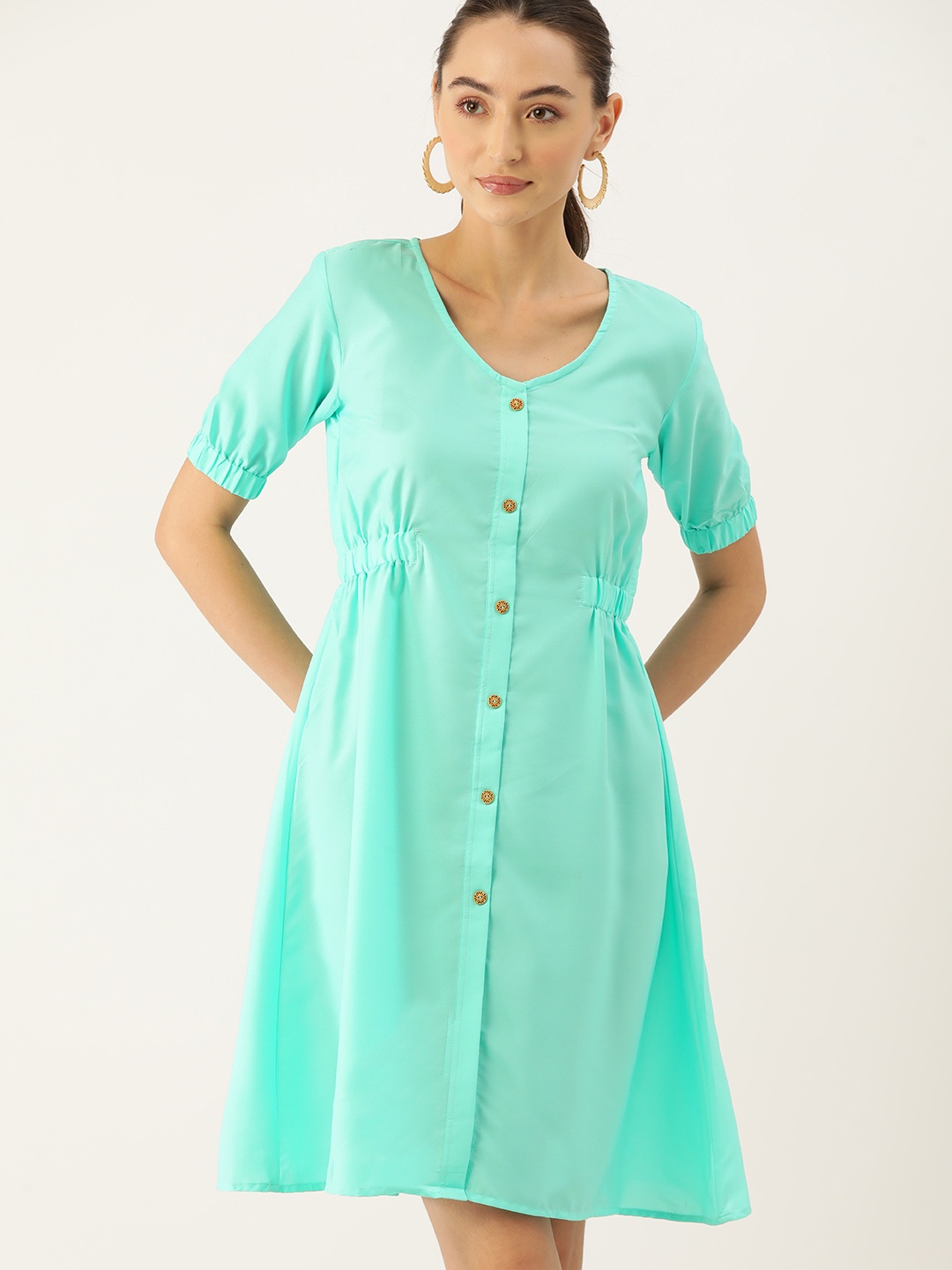 

DressBerry Puff Sleeves Crepe A-Line Dress, Turquoise blue