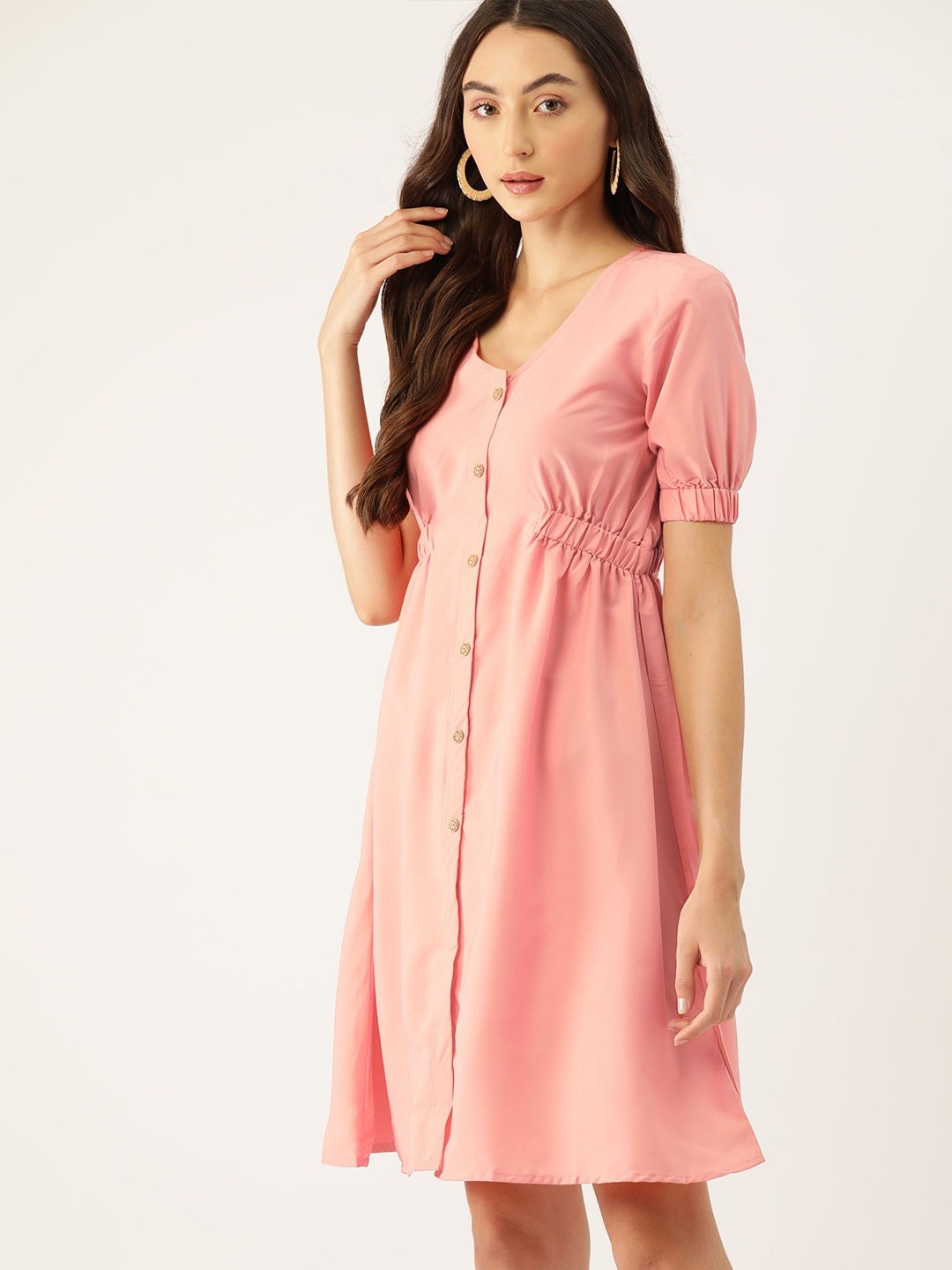 

DressBerry Puff Sleeves Crepe A-Line Dress, Pink