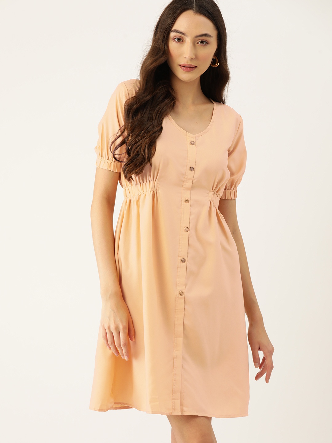 

DressBerry Puff Sleeves Crepe A-Line Dress, Yellow