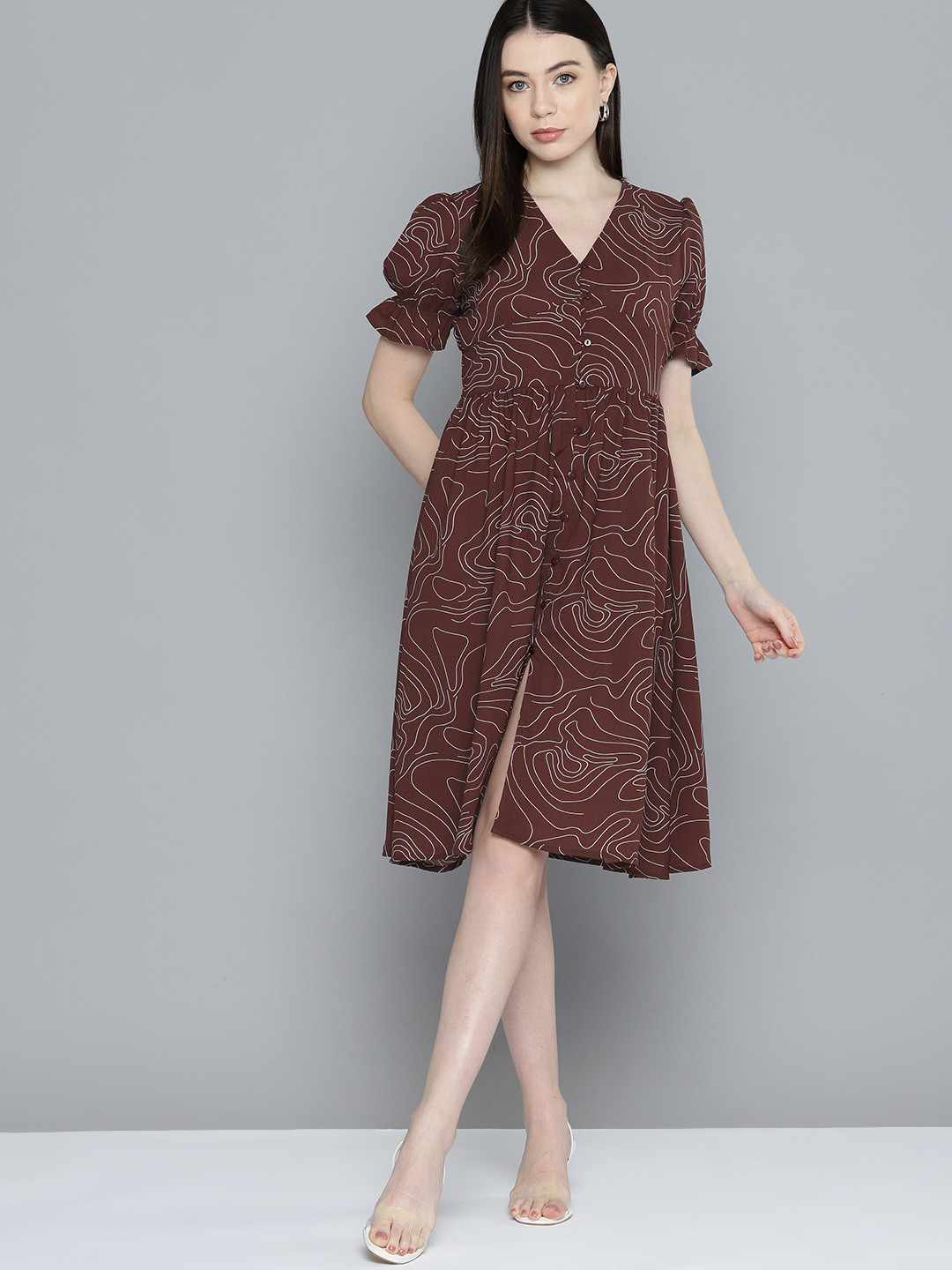 

Chemistry Print Puff Sleeve Georgette A-Line Midi Dress, Brown