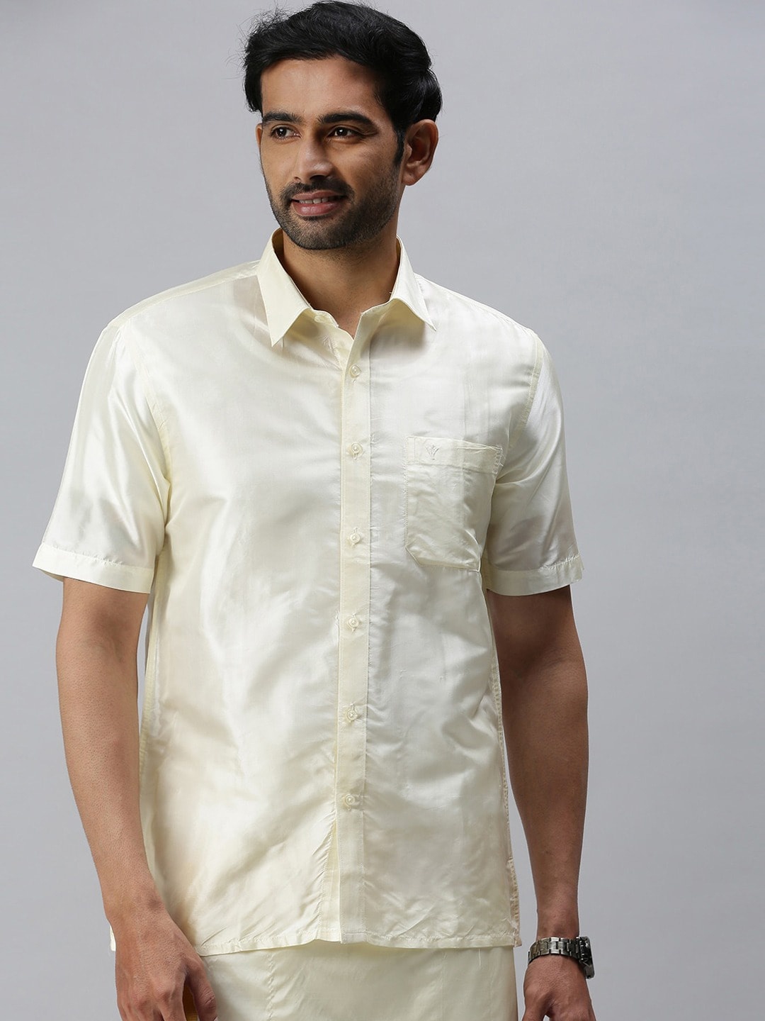 

Ramraj Spread Collar Short Sleeves Regular Fit Silk Casual Shirt, Cream
