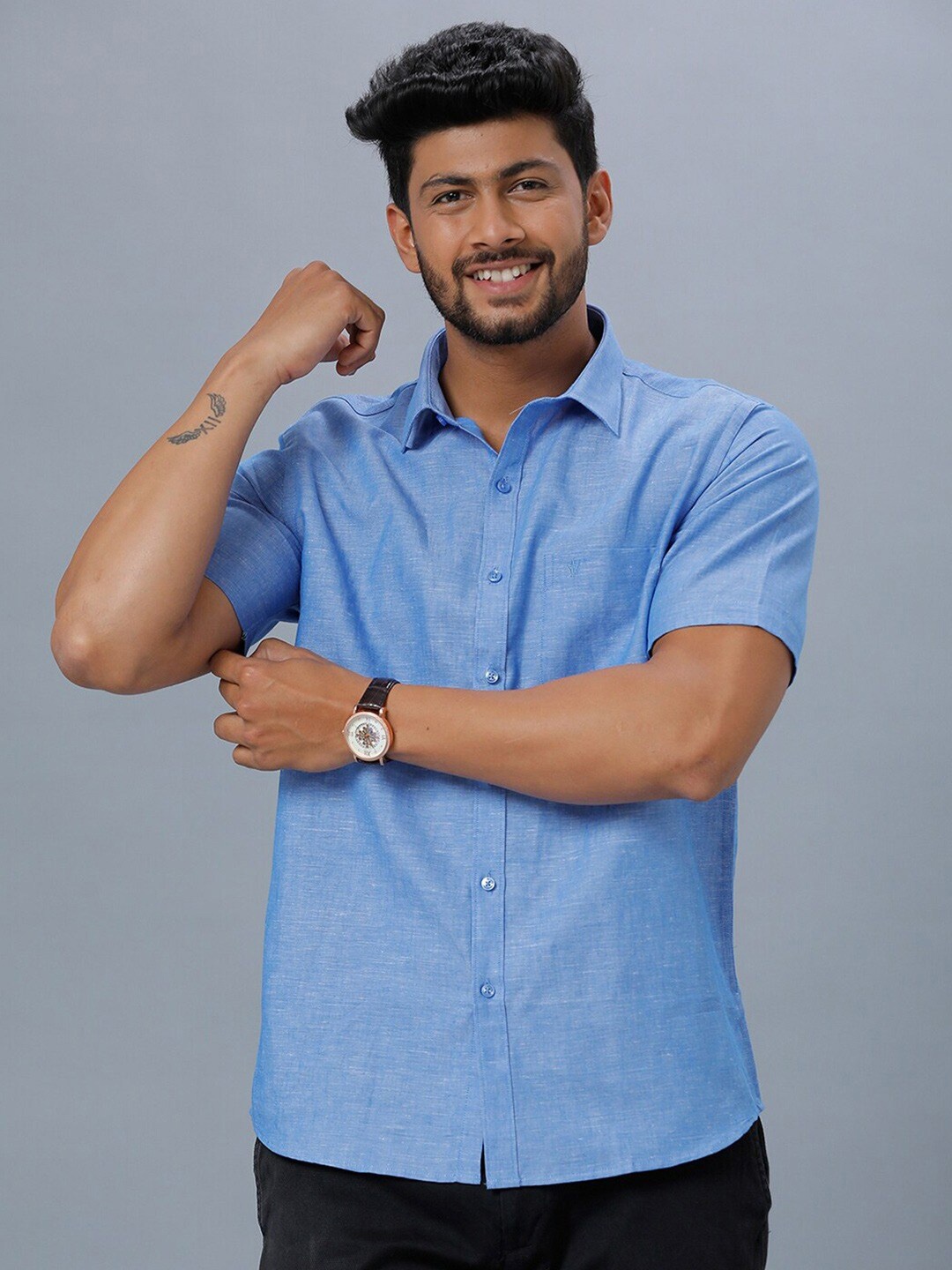 

Ramraj Spread Collar Short Sleeves Regular Fit Cotton Casual Shirt, Blue