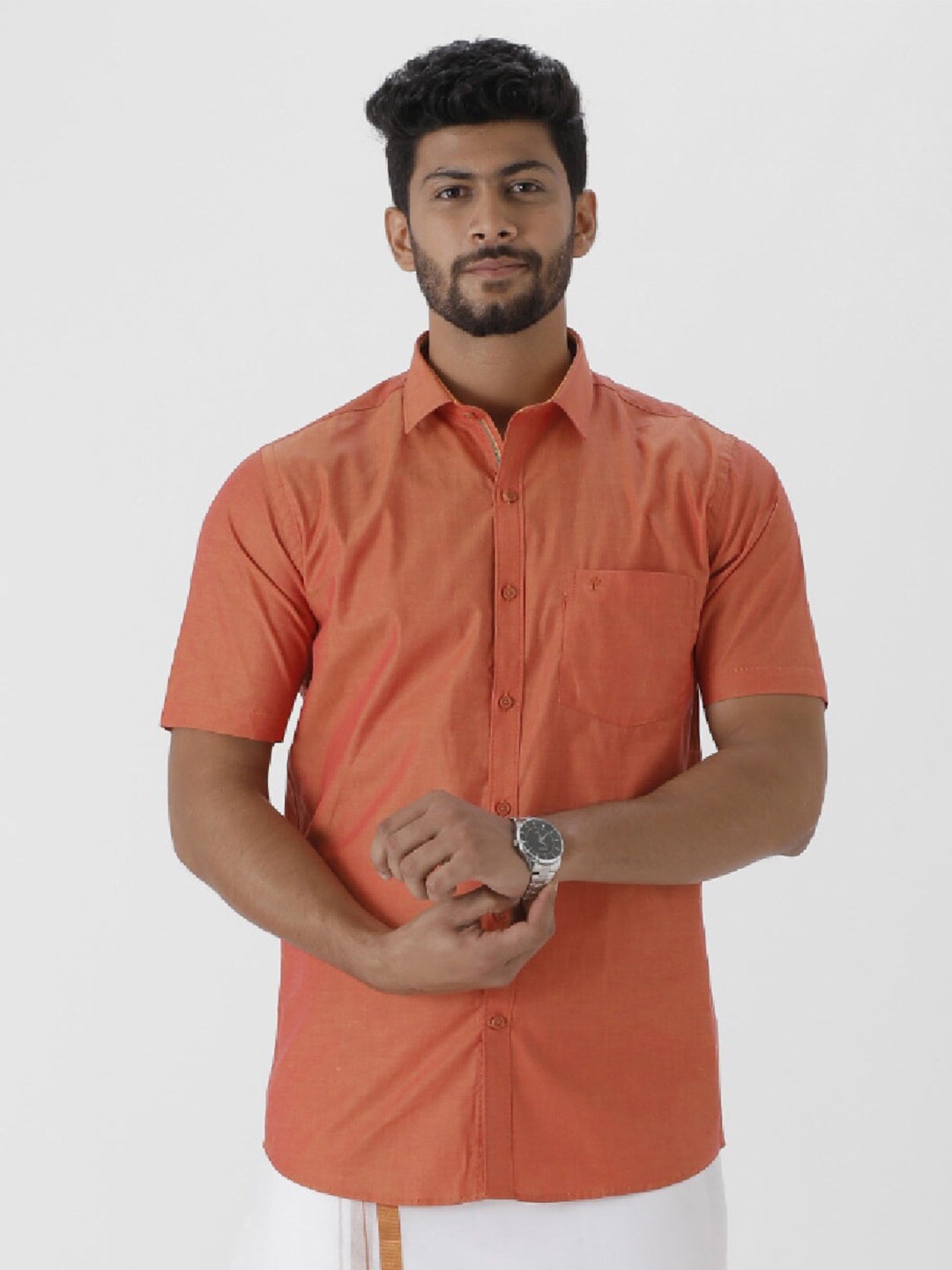 

Ramraj Spread Collar Short Sleeves Regular Fit Cotton Casual Shirt, Orange
