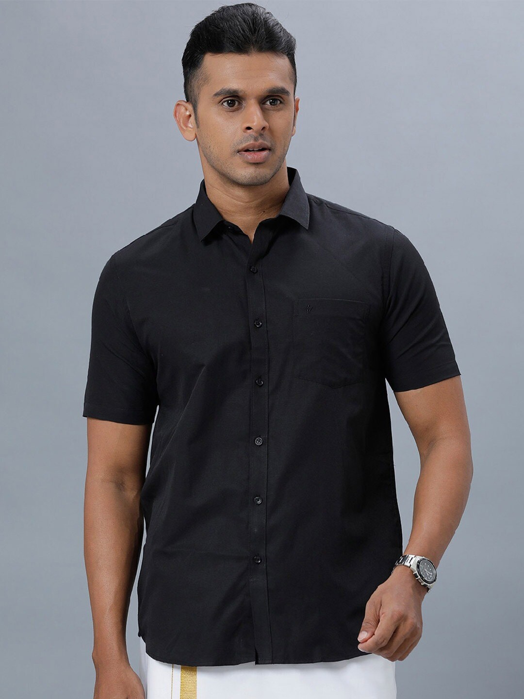 

Ramraj Spread Collar Regular Fit Cotton Casual Shirt, Black