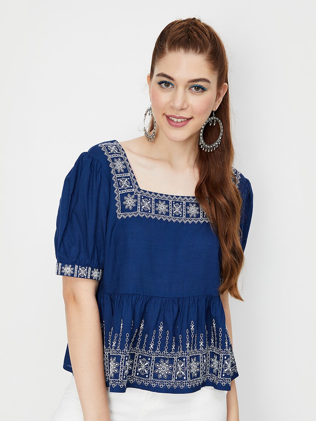 

max Square Neck Embroidered Tunic, Blue