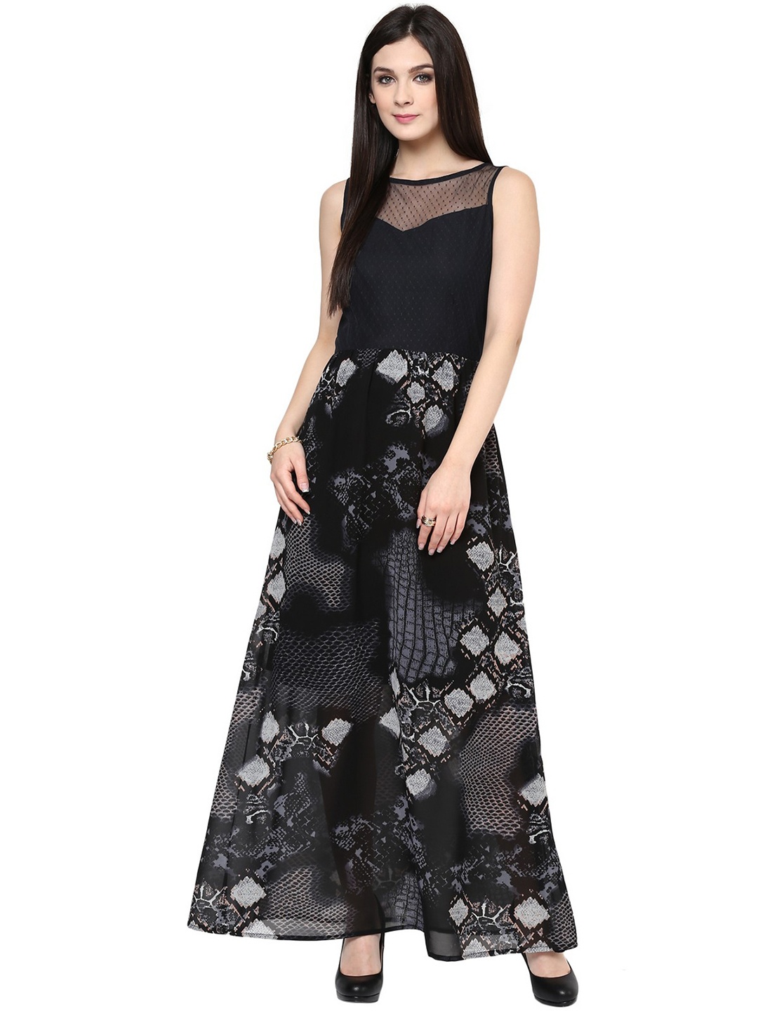 

Zima Leto Women Black & Grey Printed Maxi Dress