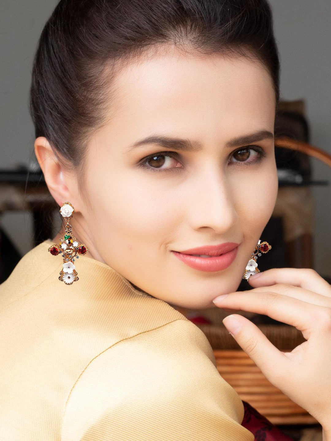 

ODETTE Gold-Plated Contemporary Crystals Drop Earrings