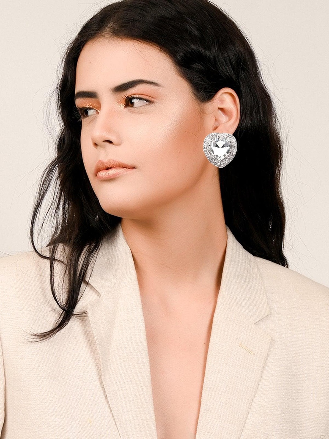 

ODETTE Silver Plated Stone Studded Heart Shaped Studs Earrings