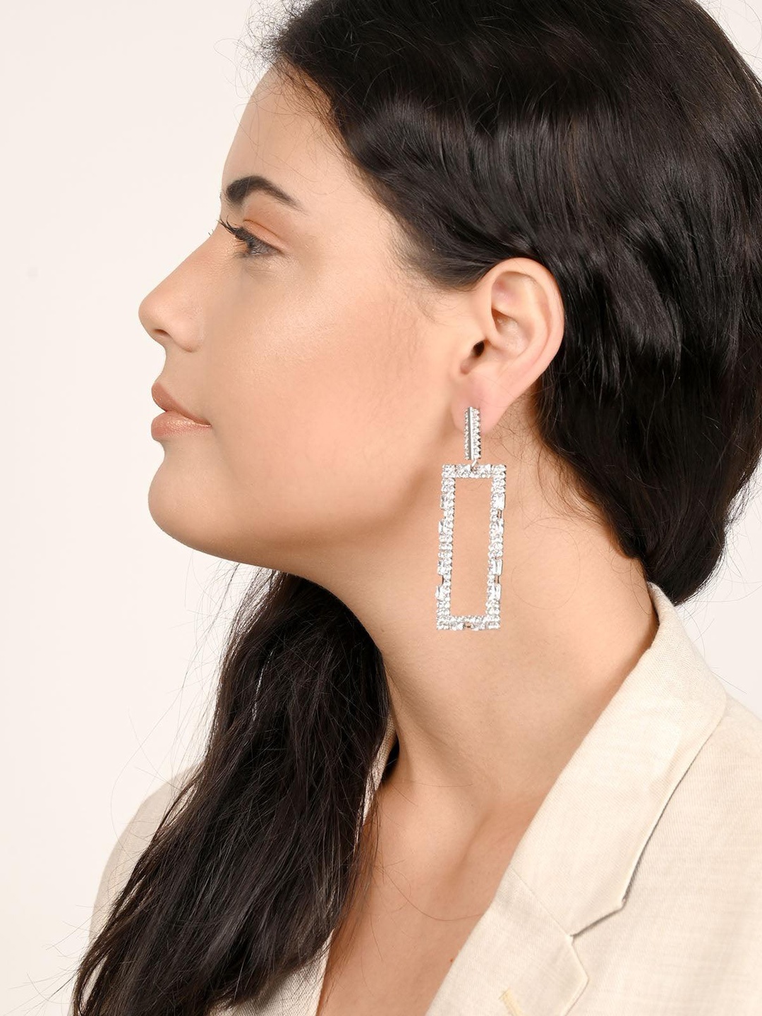 

ODETTE Silver-Plated Geometric Stone Studded Drop Earrings