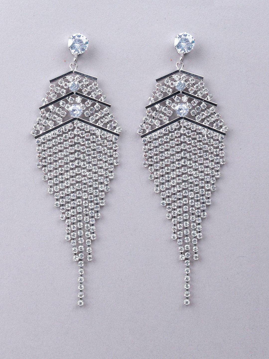 

ODETTE Silver-Plated Stone Studded Contemporary Drop Earrings