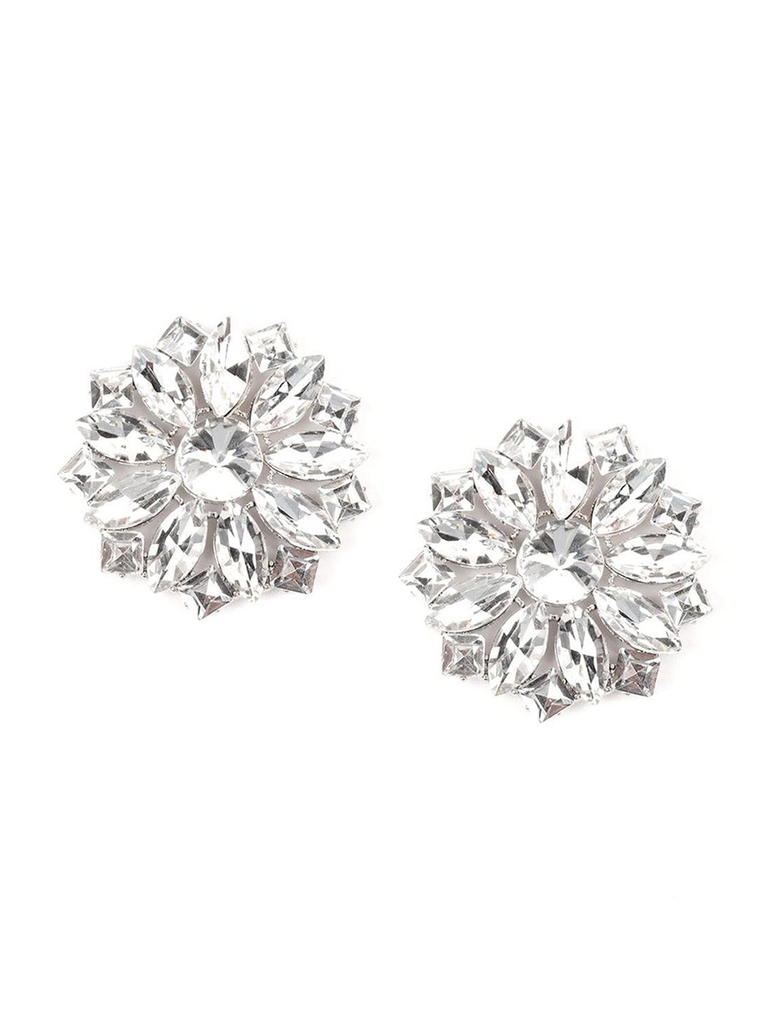 

ODETTE Silver-Plated Stone-Studded Floral Studs Earrings