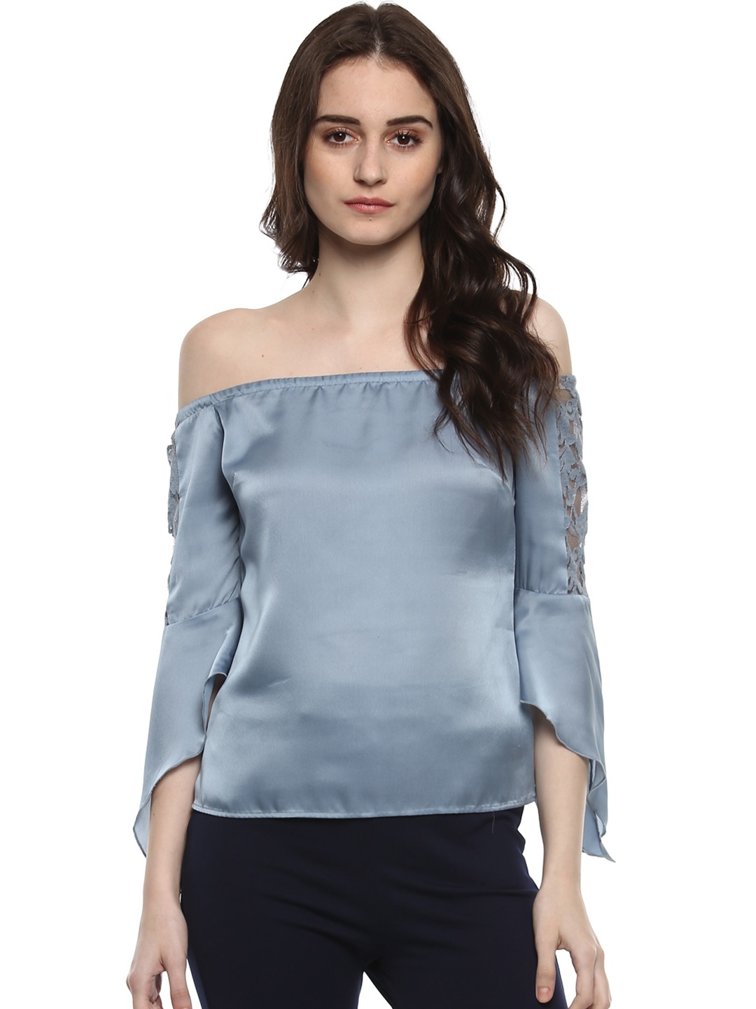 

Kazo Women Blue Solid Bardot Top