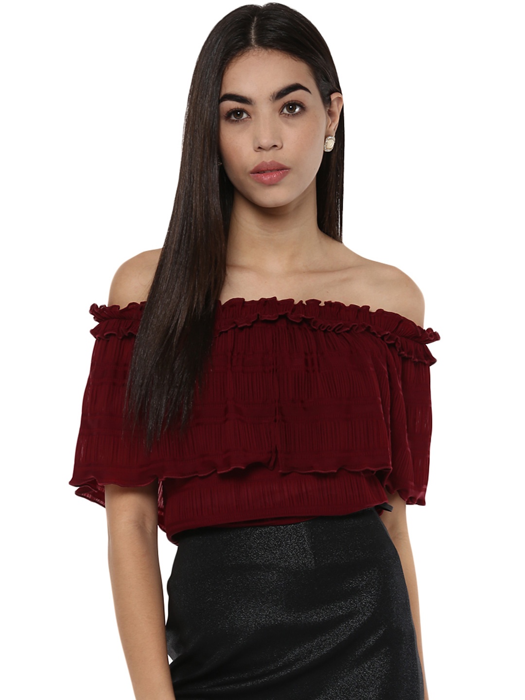 

Kazo Women Maroon Solid Bardot Top