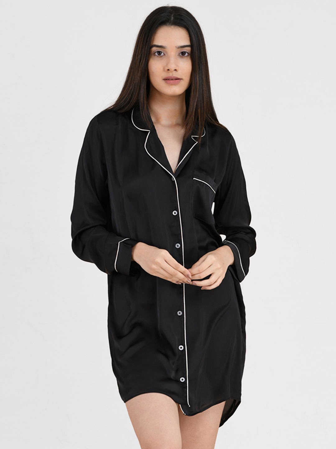 

mackly Satin Shirt Nightdress, Black
