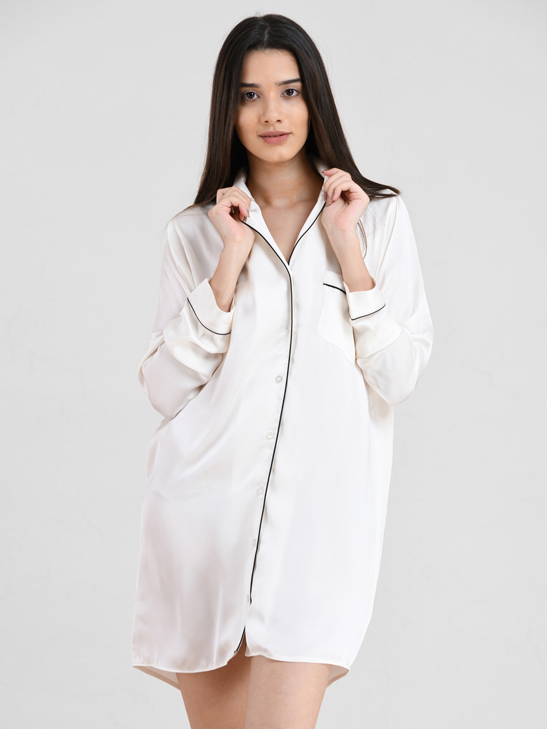 

mackly Satin Shirt Nightdress, White