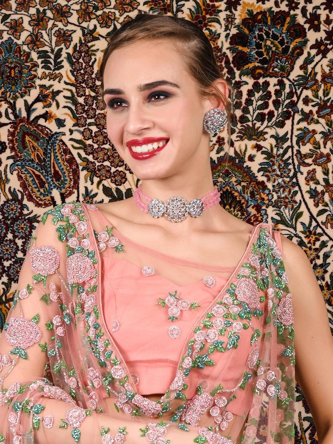 

ODETTE Silver-Plated Stone-Studded & Beaded Choker With Earrings, Pink