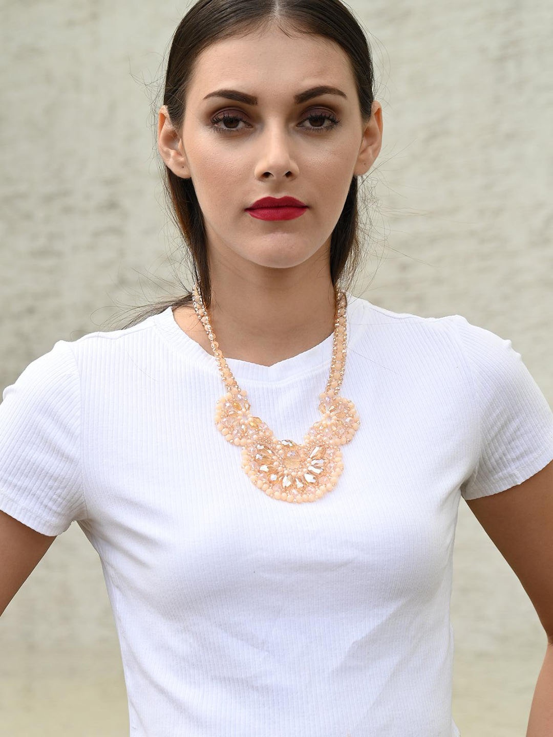 

ODETTE Gold-Plated Stone-Studded & Beaded Necklace With Earrings