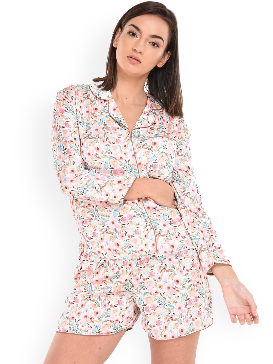 

mackly Floral Printed Lapel Collar Night suit, White