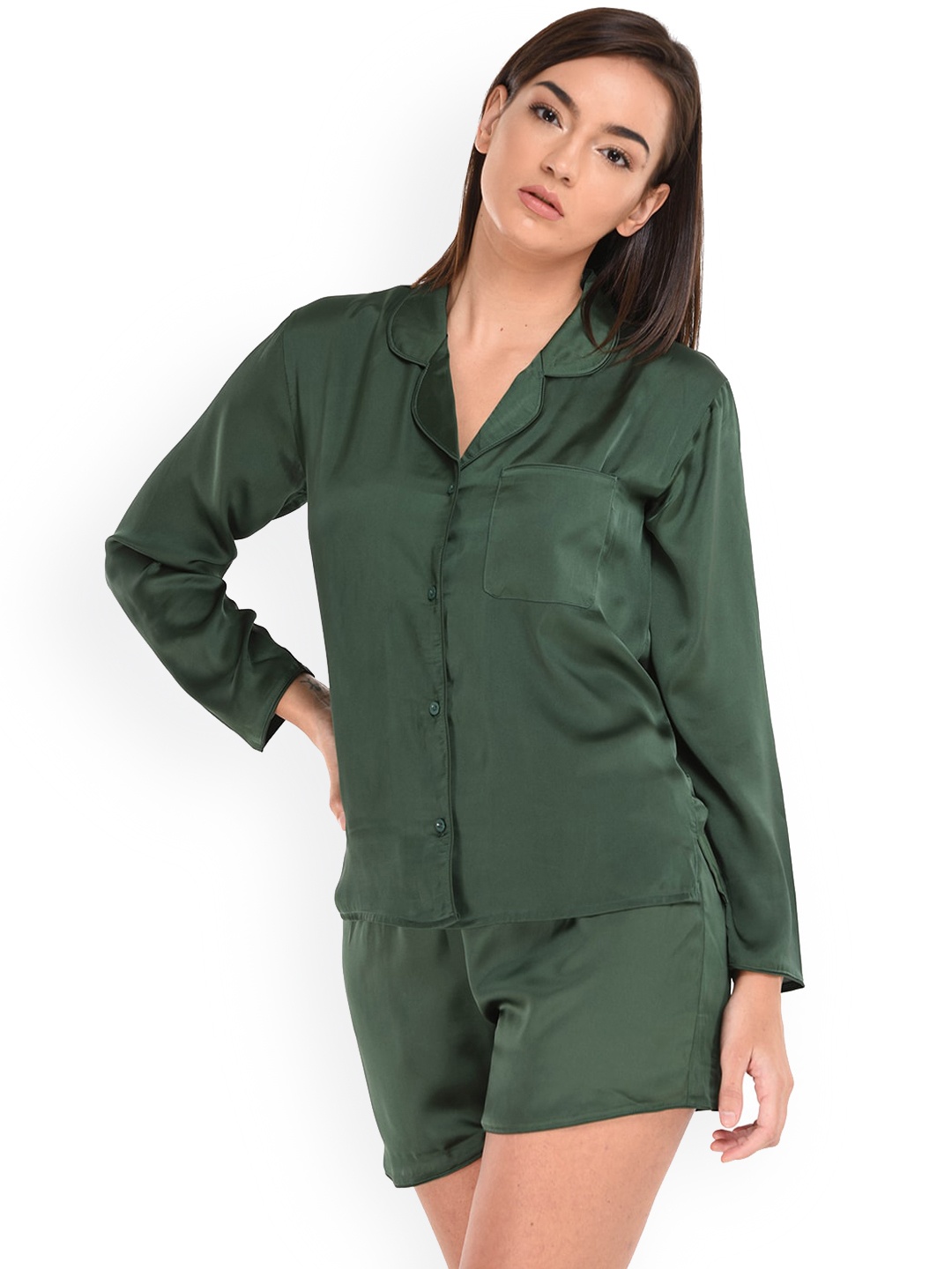 

mackly Lapel Collar Full Sleeve Satin Night suit, Green