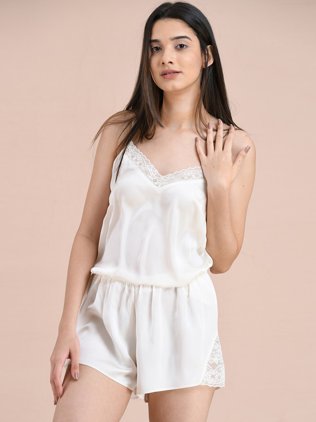 

mackly V-Neck Strappy Laced Satin Night suit, White