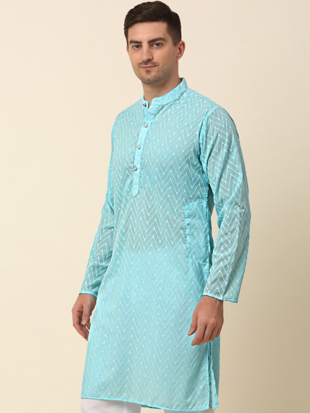 

Anouk Mandarin Collar Thread Work Pathani Kurta, Turquoise blue