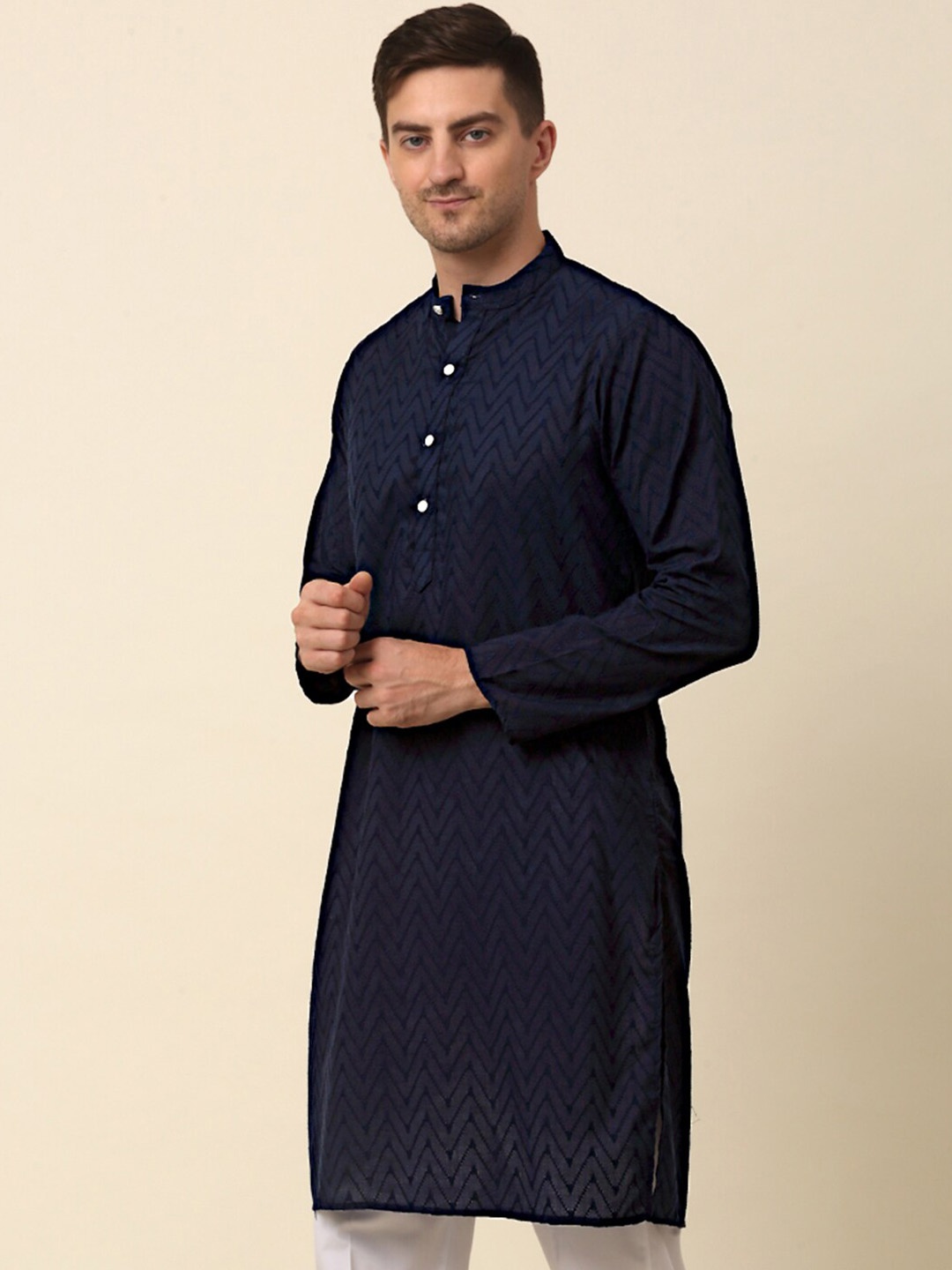 

Anouk Geometric Embroidered Mandarin Collar Thread Work Pure Cotton Straight Kurta, Navy blue