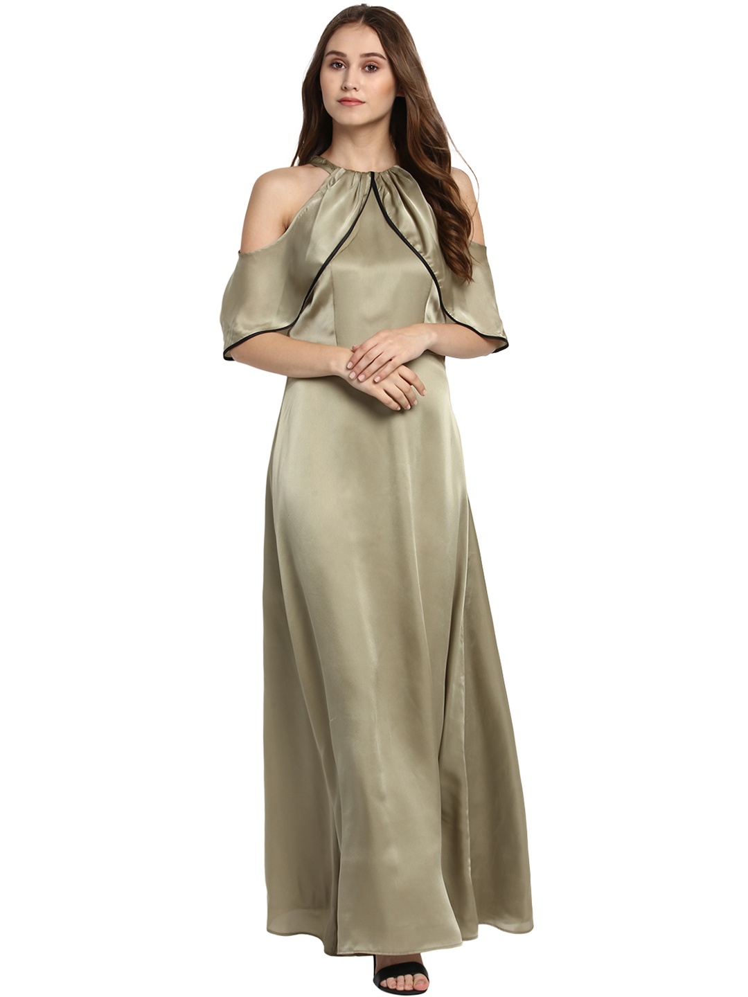 

Kazo Women Olive Green Solid Layered Maxi Dress