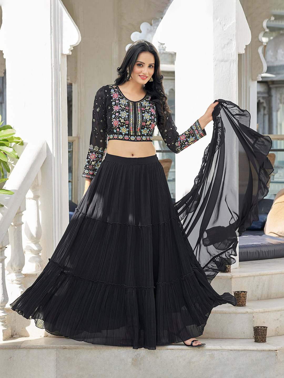 

Vidraa Western Store Embroidered Ready to Wear Lehenga & Blouse With Dupatta, Black