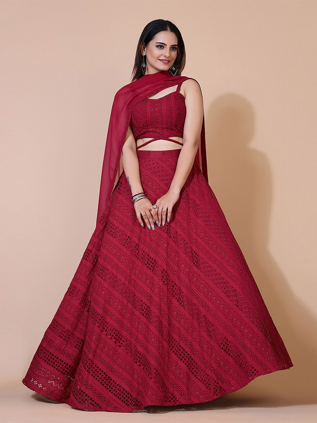 

Vidraa Western Store Self Design Ready to Wear Lehenga & Blouse With Dupatta, Red