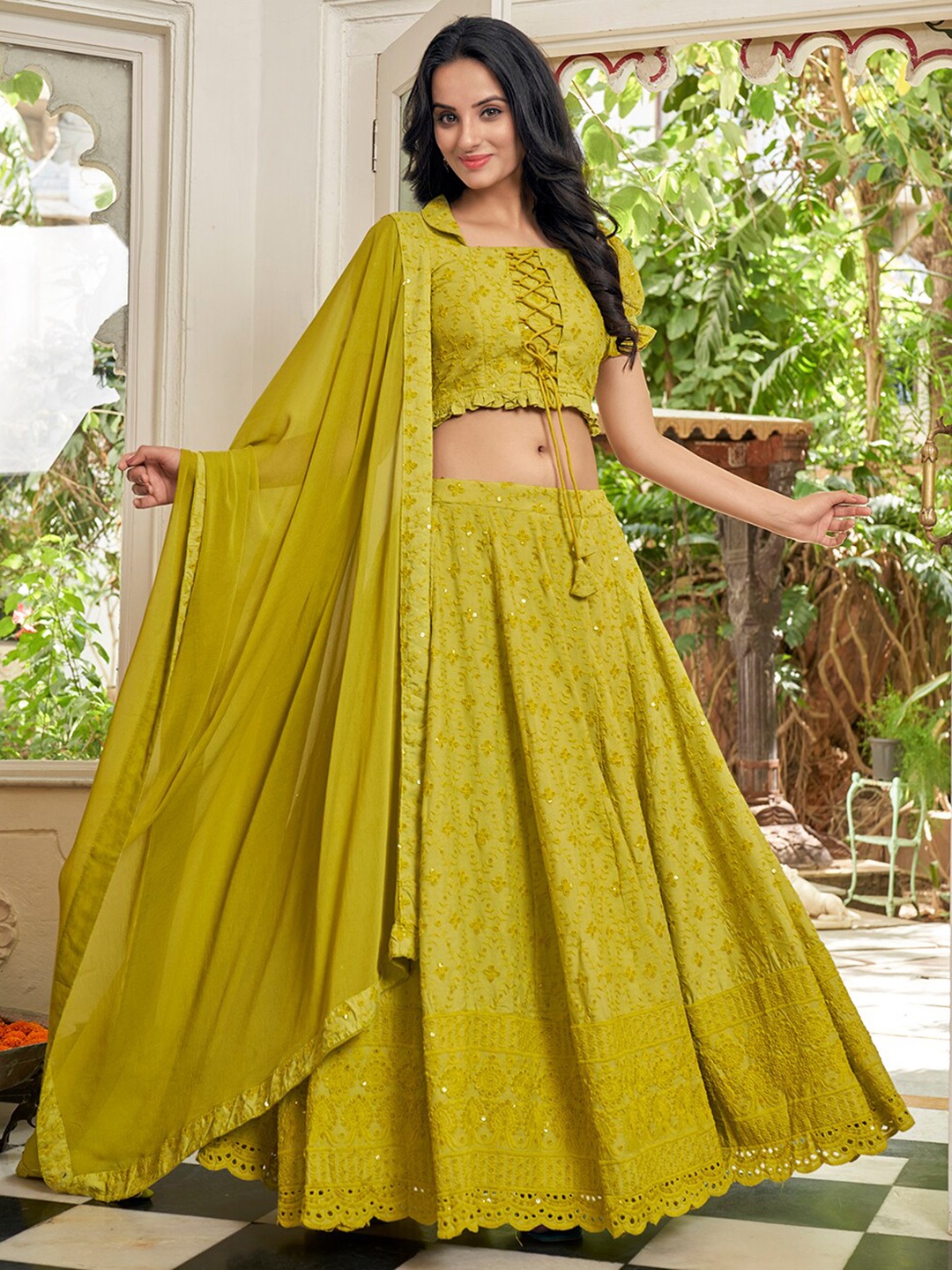 

Vidraa Western Store Embroidered Sequinned Ready to Wear Lehenga & Blouse With Dupatta, Lime green