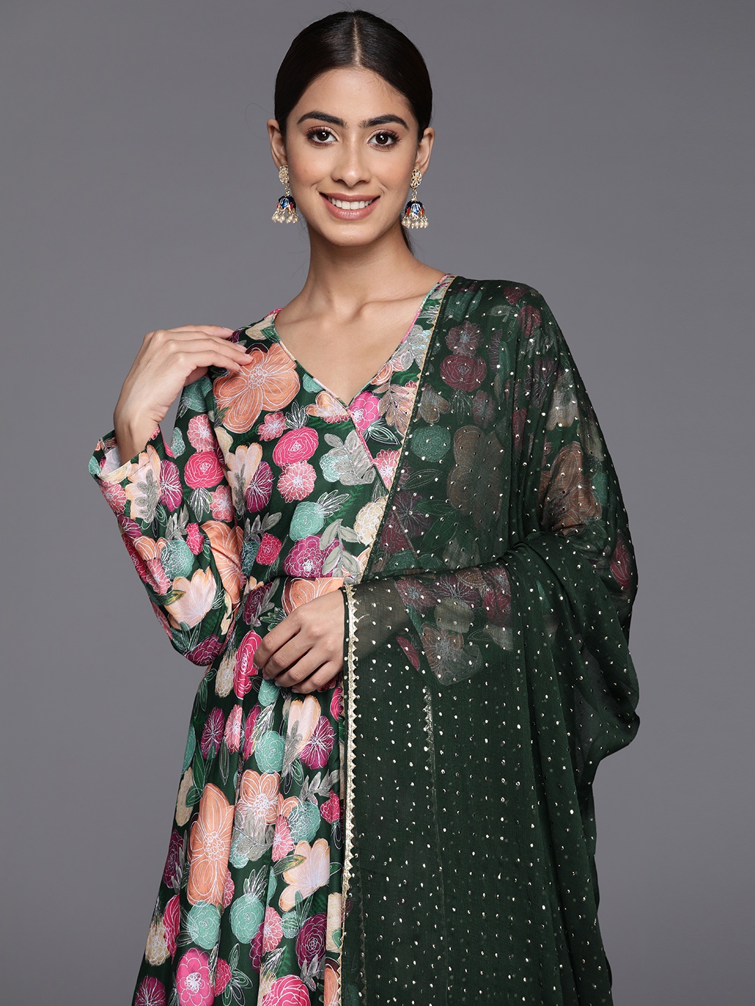 

Varanga Floral Printed Angrakha Anarkali Kurta with Dupatta, Green