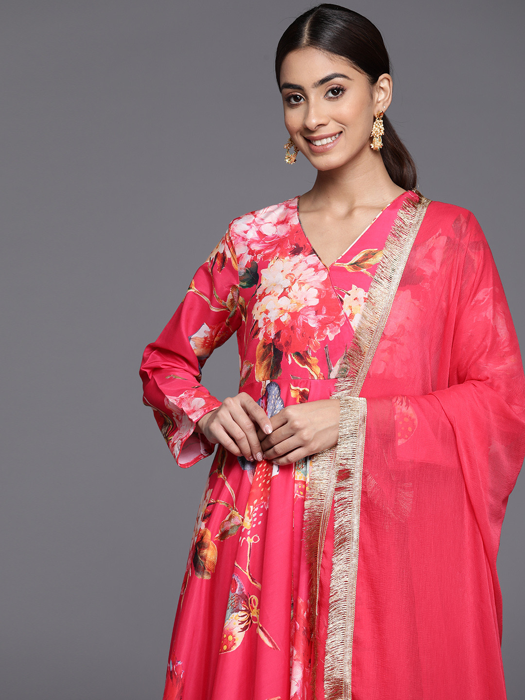 

Varanga Floral Printed Angrakha Anarkali Kurta with Dupatta, Pink