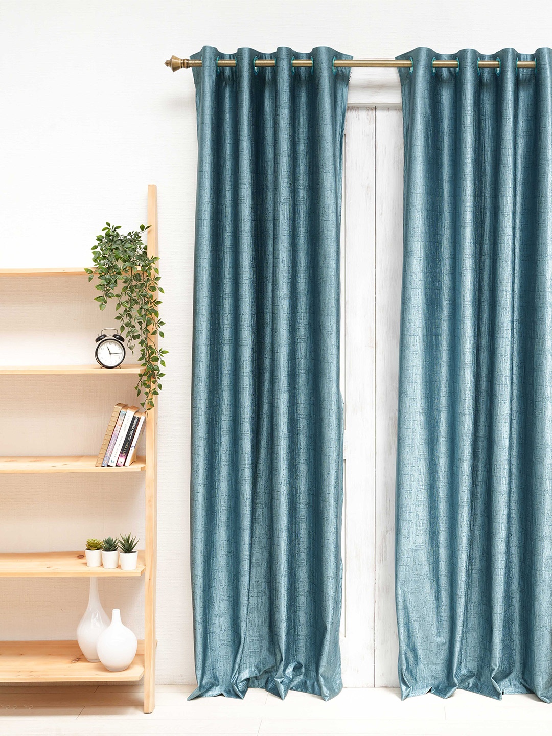 

Ariana Teal Blue Self Design Room Darkening Door Curtain