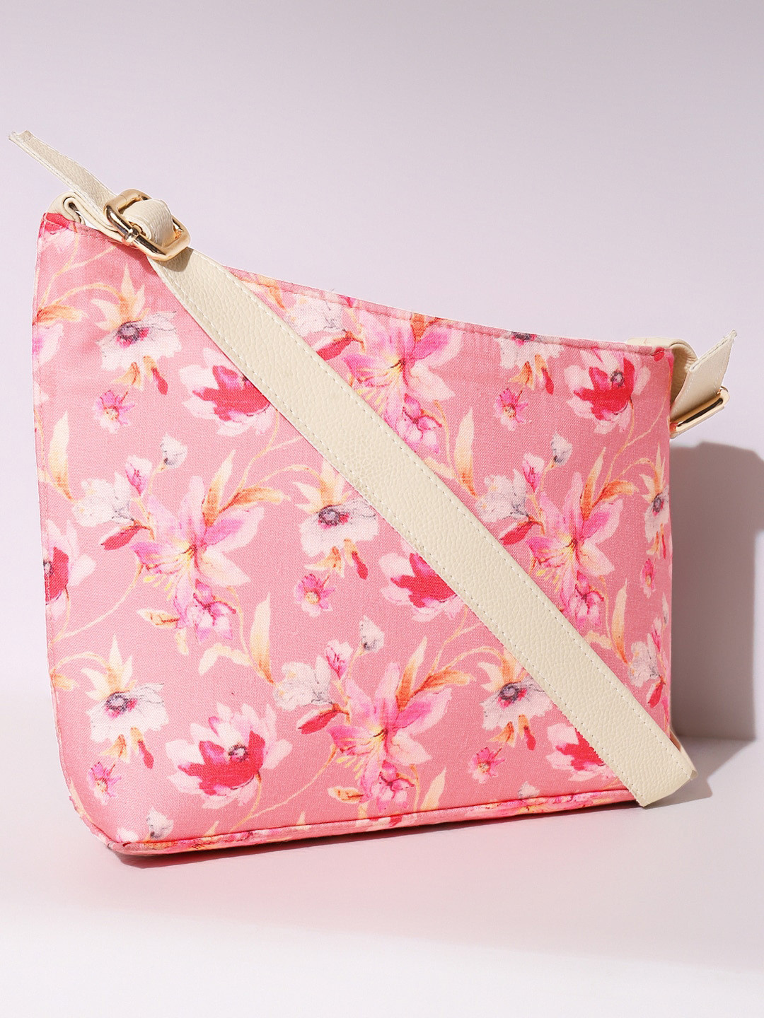 

DEEBACO Pink Floral Printed Structured Cotton Sling Bag