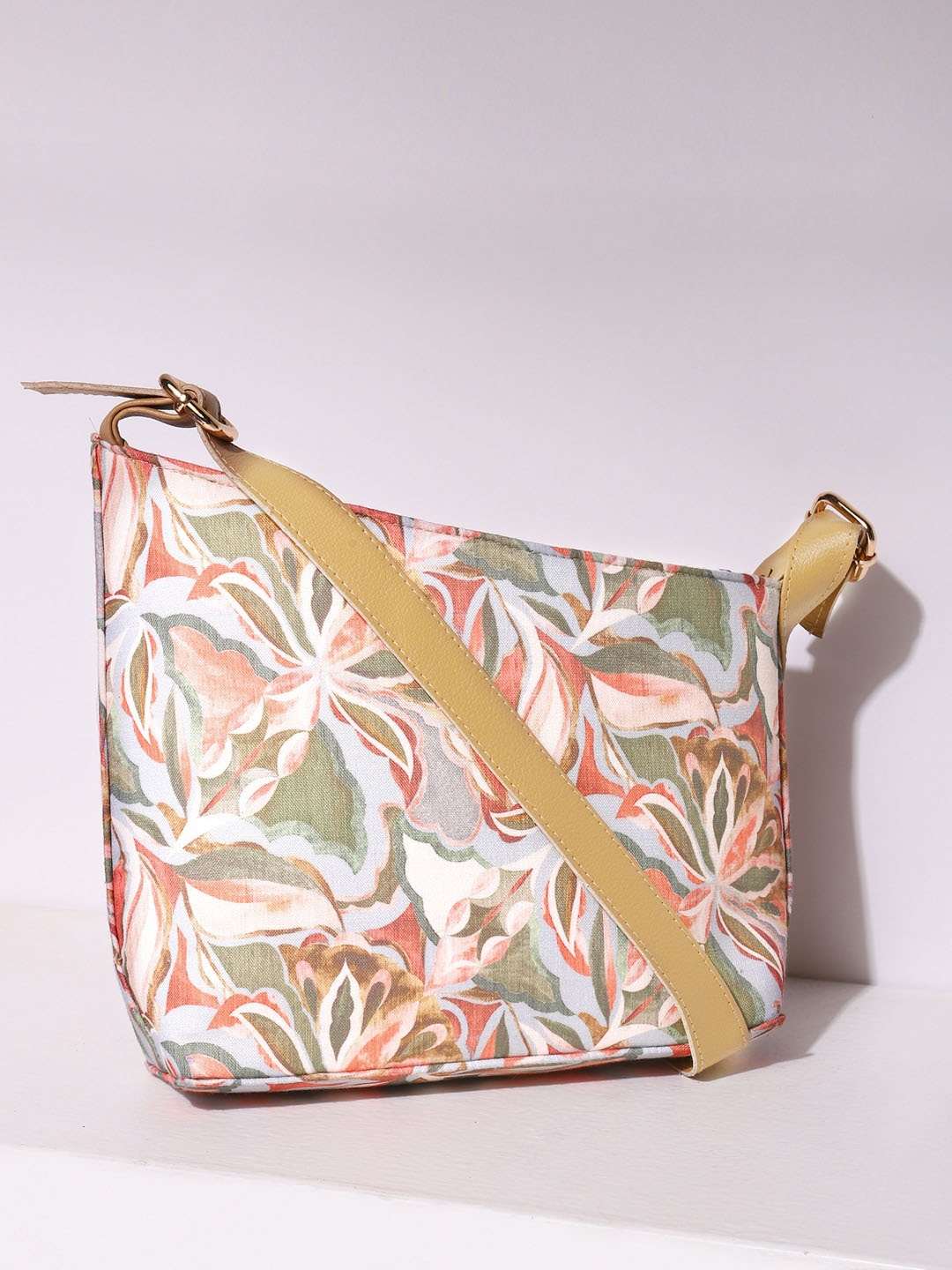 

DEEBACO Floral Printed Oversized Structured Cotton Sling Bag, Green