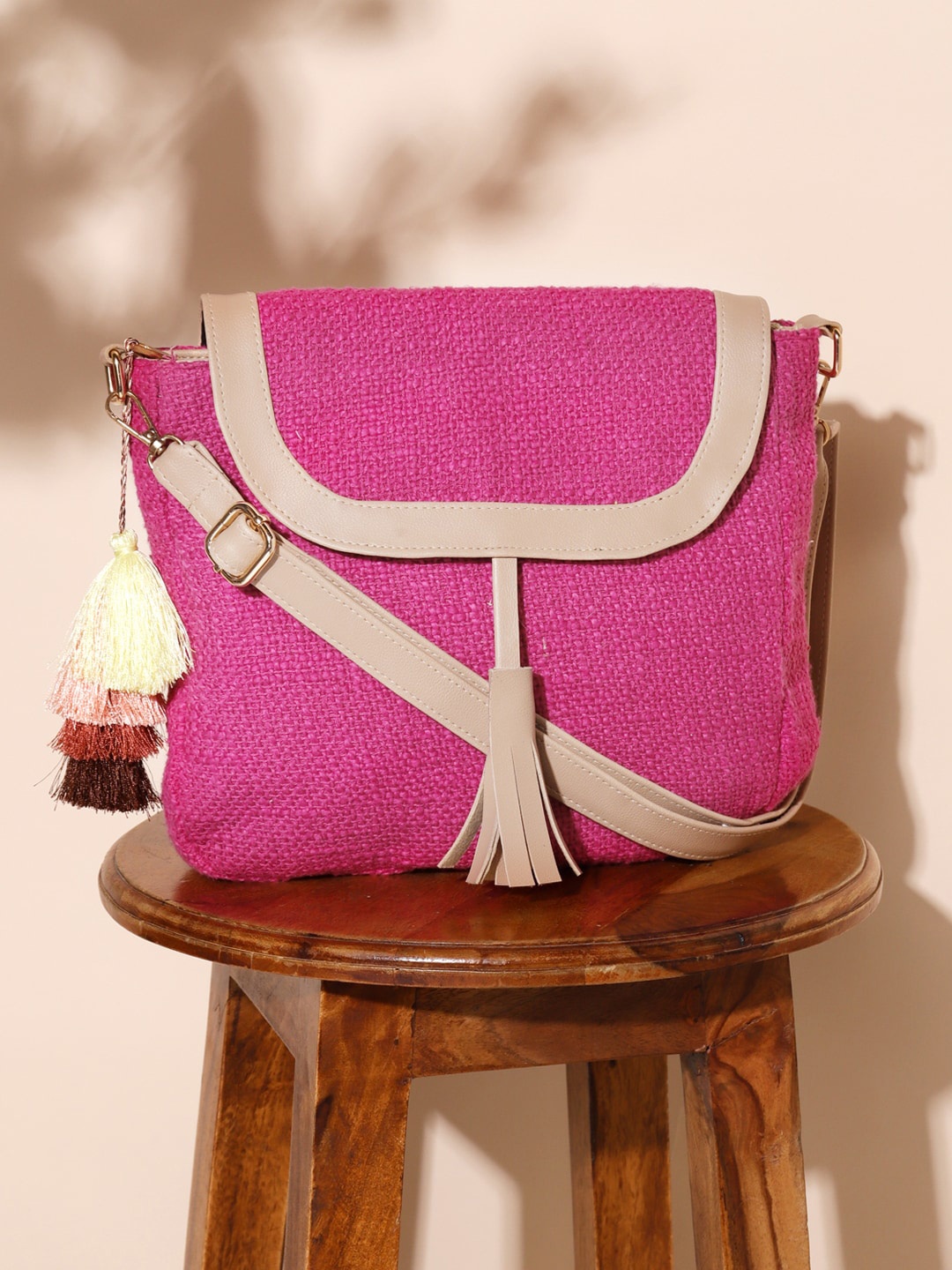 

DEEBACO Structured Cotton Sling Bag With Tasselled, Pink