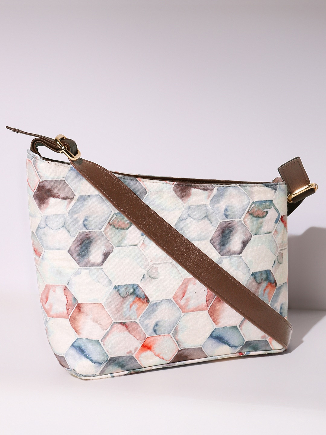 

DEEBACO Printed Structured Cotton Sling Bag, White