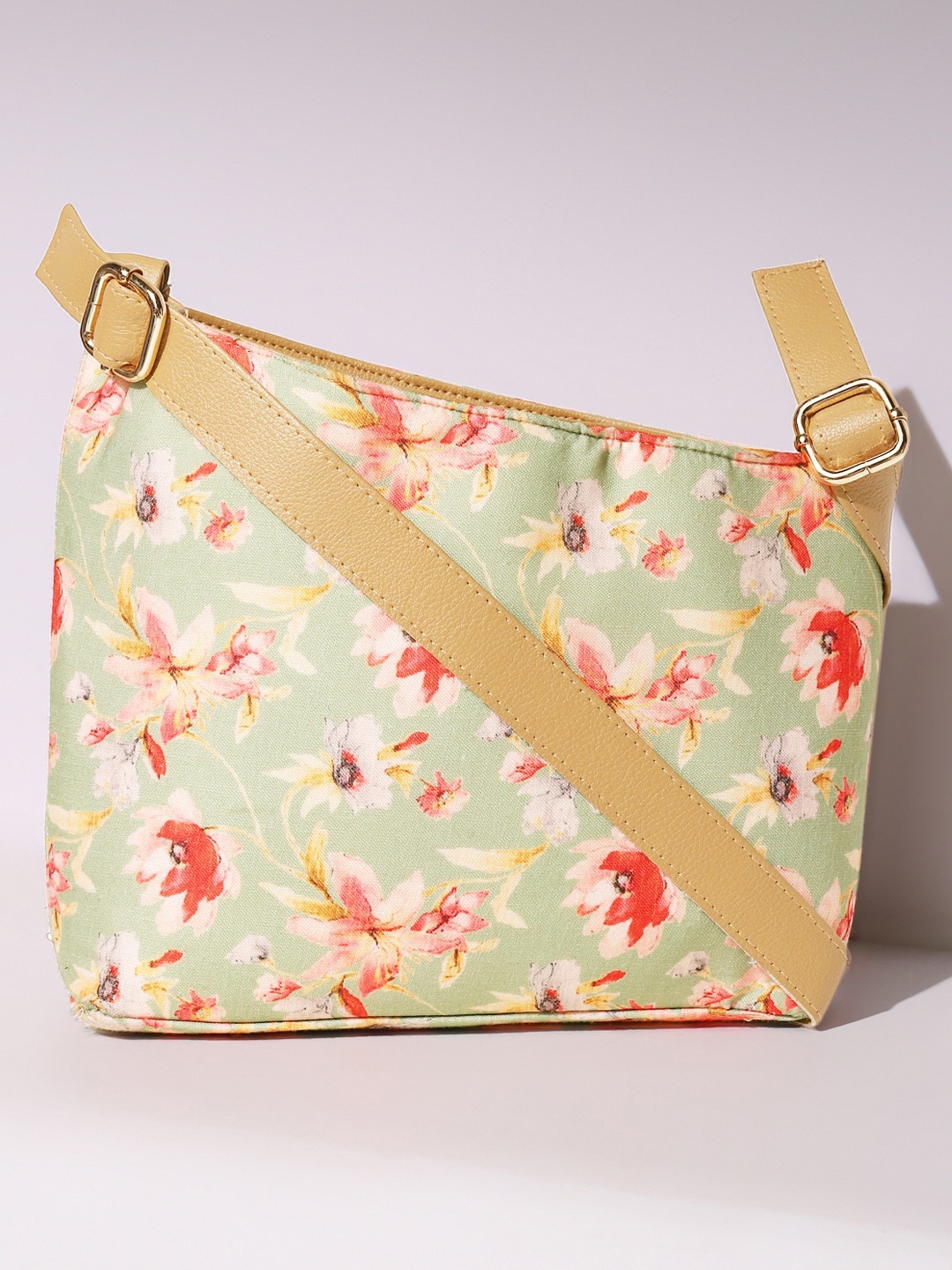 

DEEBACO Floral Printed Structured Cotton Sling Bag, Sea green