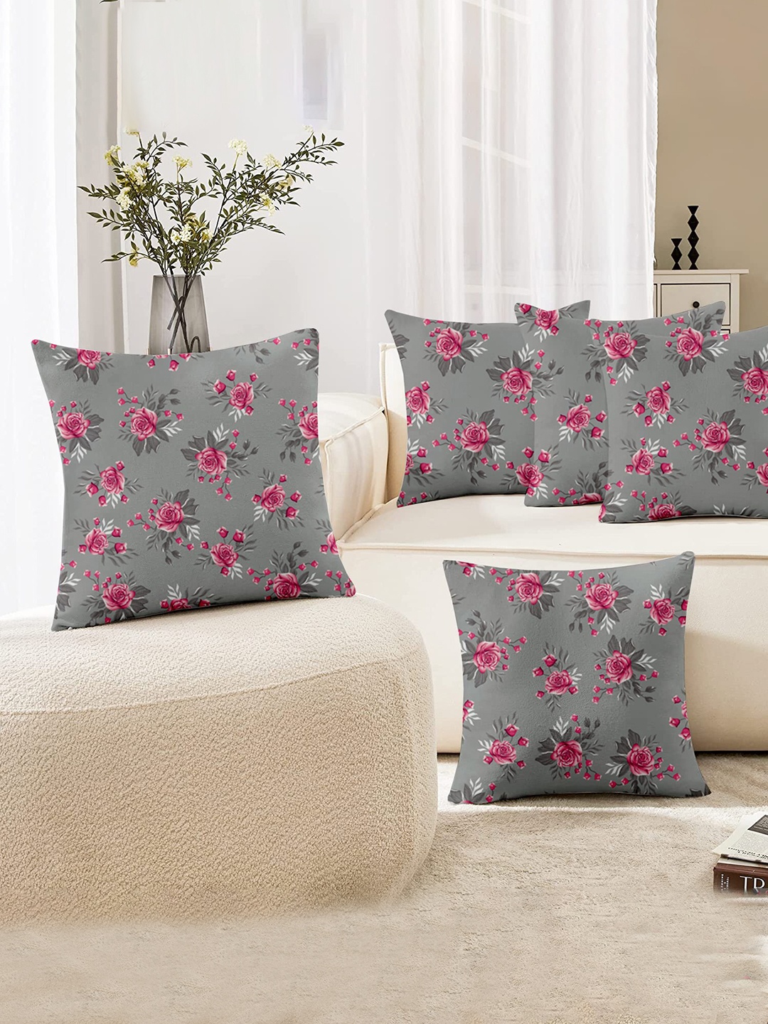 

Lushomes Grey & Pink 5 Pieces Floral Square Cushion Covers