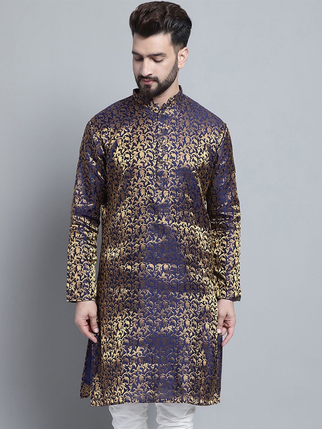 

TREEMODA Floral Woven Design Mandarin Collar Straight Kurta, Navy blue