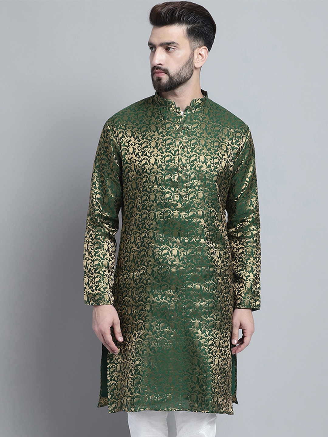

TREEMODA Floral Woven Design Mandarin Collar Straight Kurta, Olive