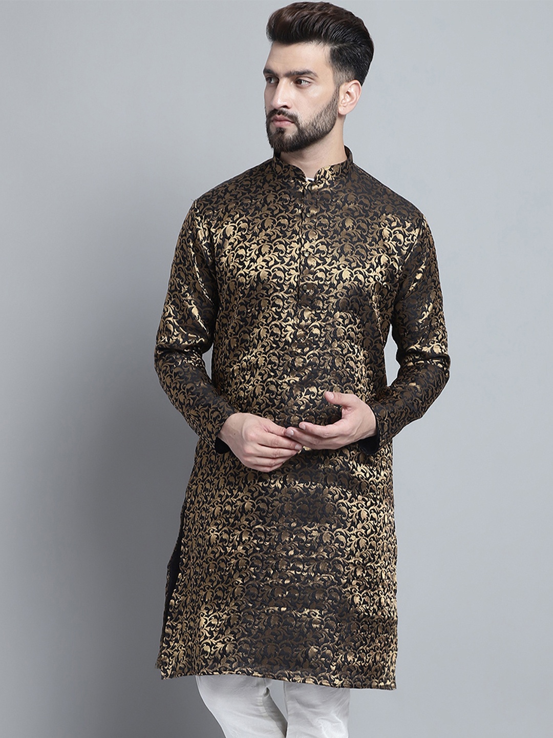 

TREEMODA Floral Woven Design Mandarin Collar Straight Kurta, Black