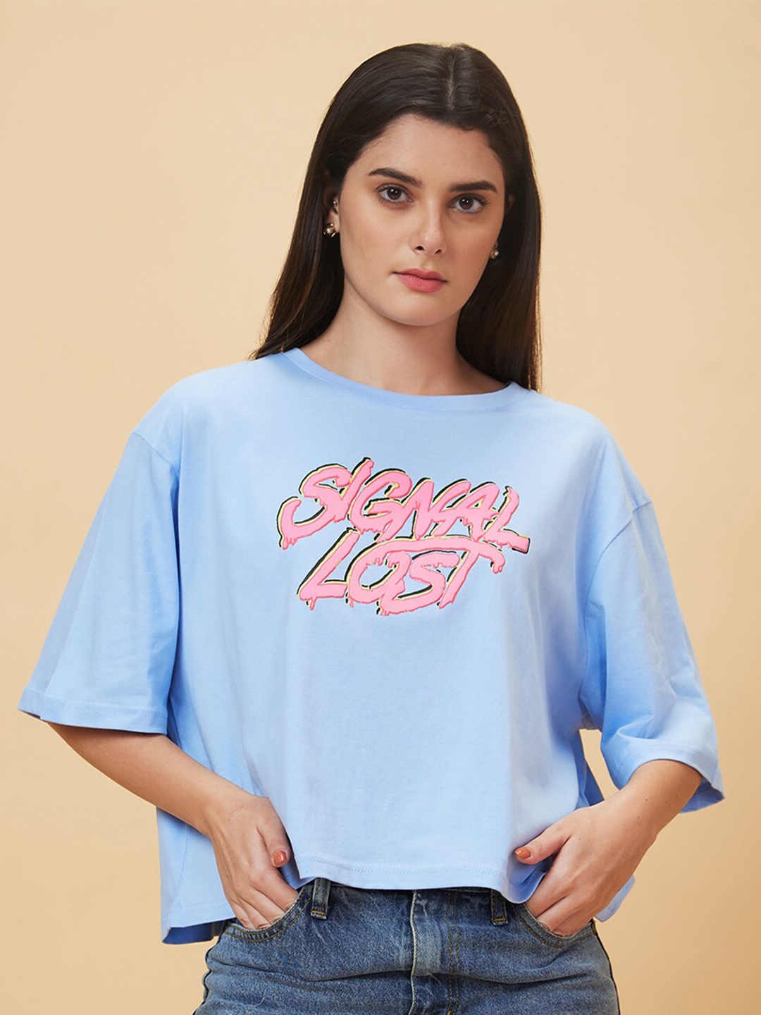 

Globus Blue Typography Printed Pure Cotton Oversized Casual T-Shirt